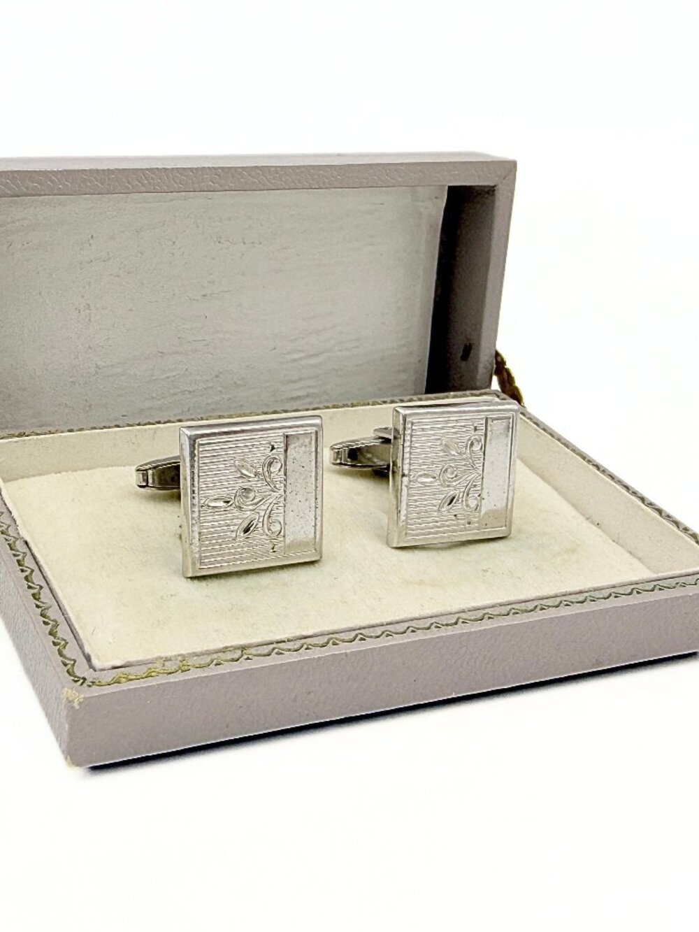 Foster Signed MCM Square Silver Plate Engraved Art Deco Style Cufflinks